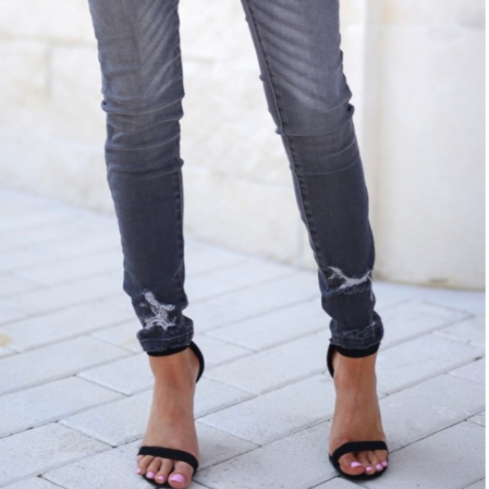 Gray Distressed Destroyed Whiskered Skinny Jeans - Picture 2 of 4